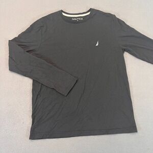 Nautica Mens Medium Black Long Sleeve Deck T-Shirt Sail Logo 100% Cotton Beach